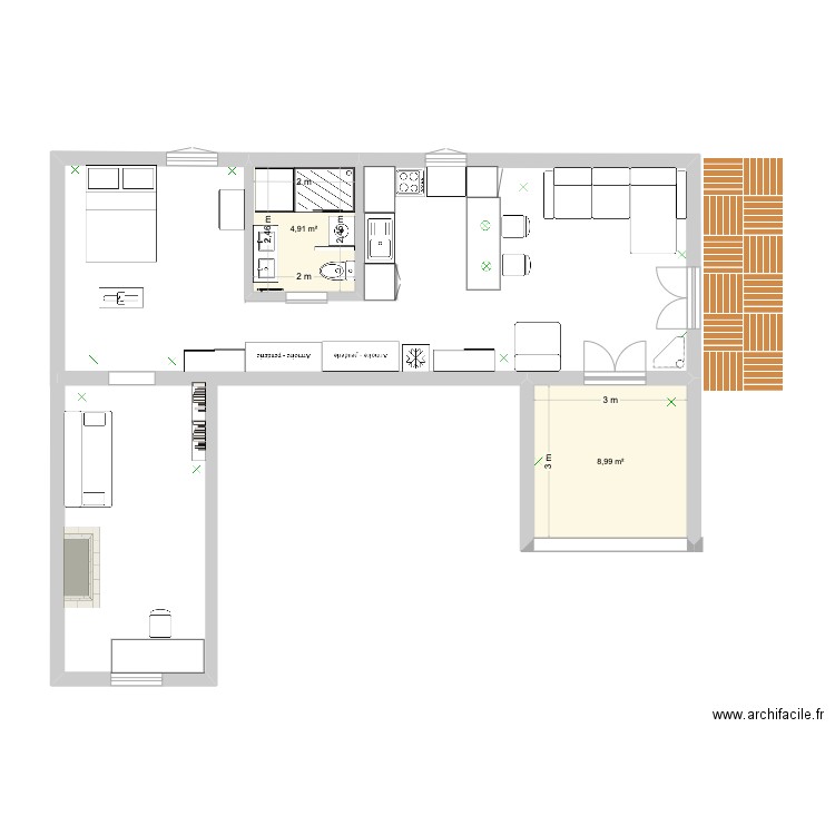 MEYRARGUES projet amenagement gite2. Plan de 2 pièces et 14 m2