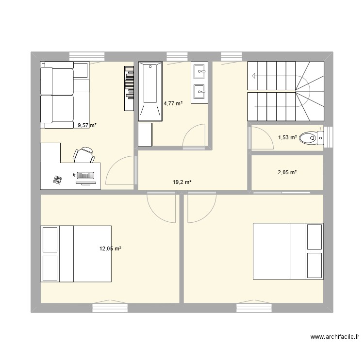 Maison entrée nord étage. Plan de 6 pièces et 84 m2