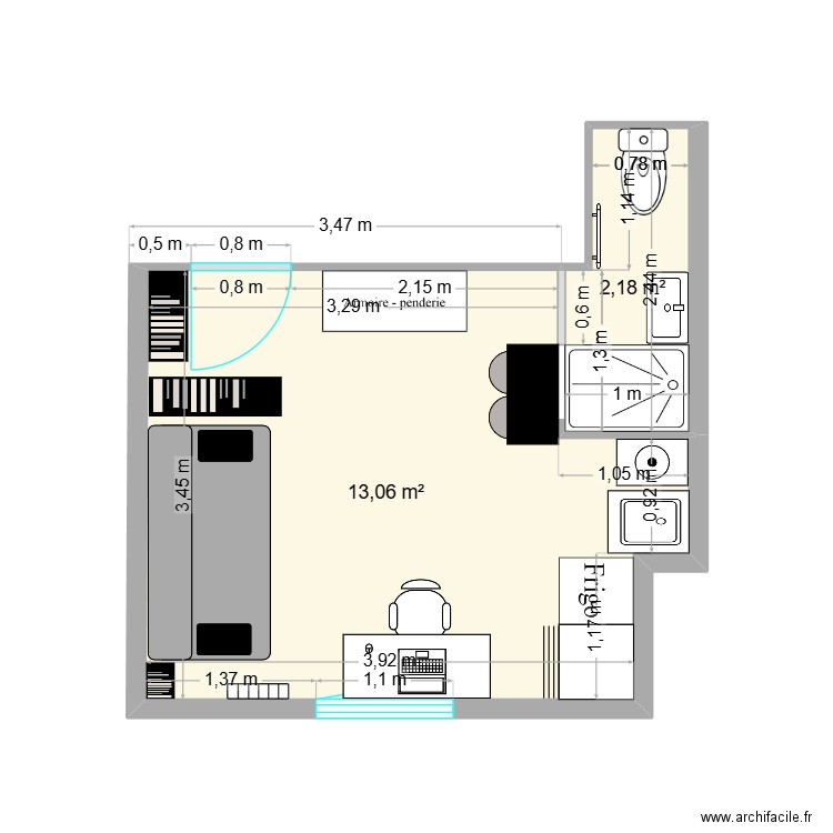 Saint Mederic meublé 2. Plan de 2 pièces et 15 m2