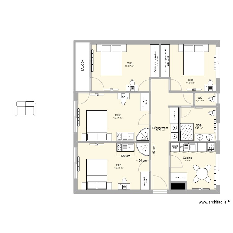 Coloc Camille & David - V1 Kitchenettes. Plan de 9 pièces et 83 m2