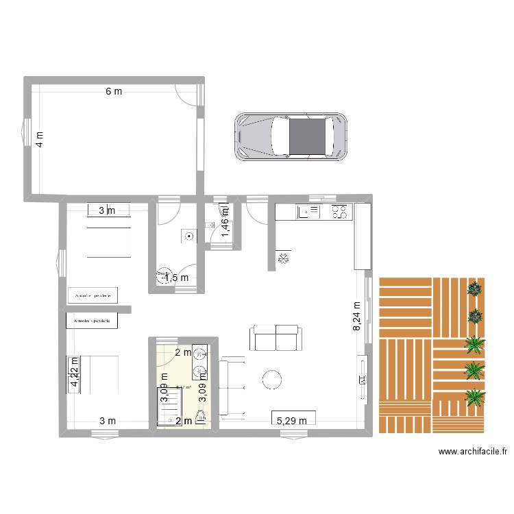 modele 2 maison. Plan de 1 pièce et 6 m2