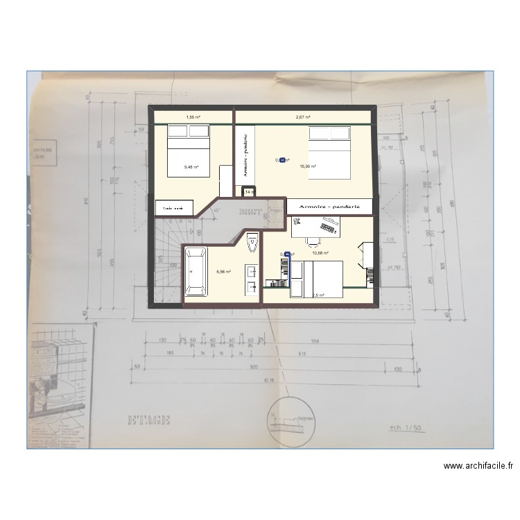 R+1. Plan de 10 pièces et 49 m2