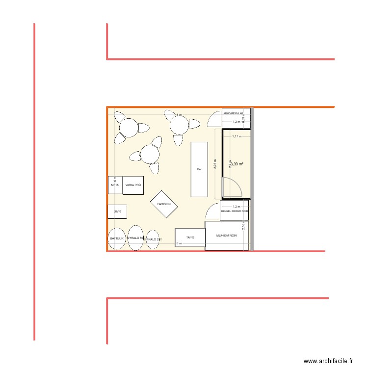 SALON. Plan de 2 pièces et 36 m2