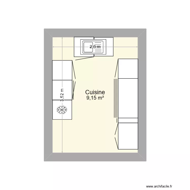 cuisine 2. Plan de 1  et 9 m²
