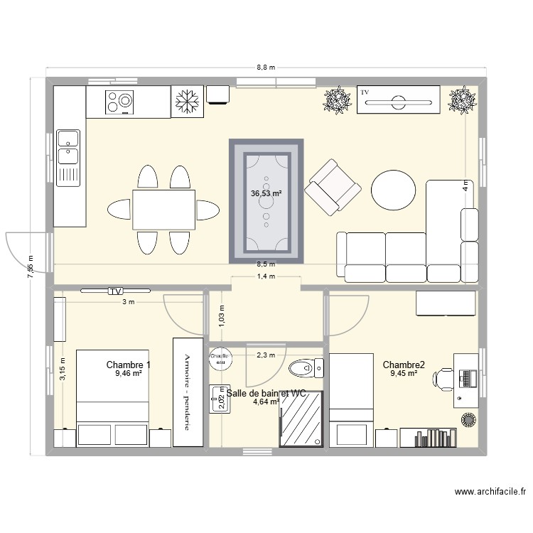 Maison F3. Plan de 4 pièces et 60 m2