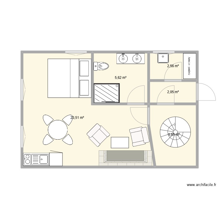 Appartement 1er étage. Plan de 5 pièces et 39 m2