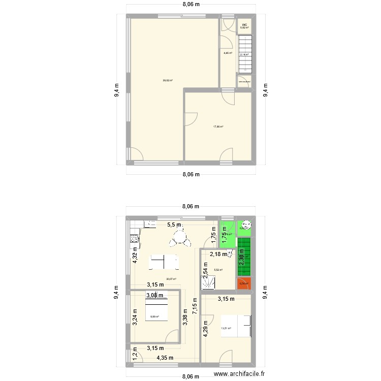 m1 - avant travaux. Plan de 14 pièces et 130 m2
