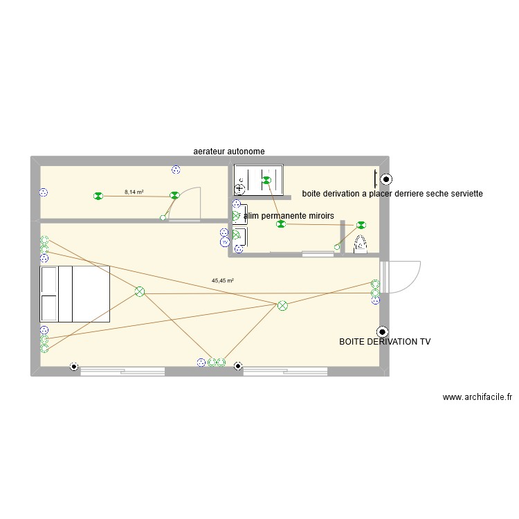 ROCHEREAU. Plan de 2 pièces et 54 m2