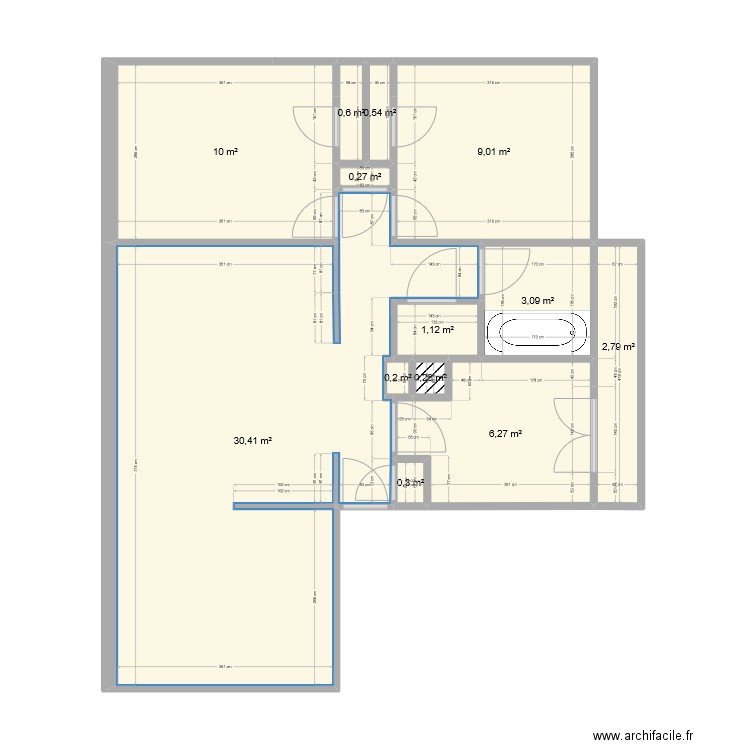 test. Plan de 13 pièces et 65 m2
