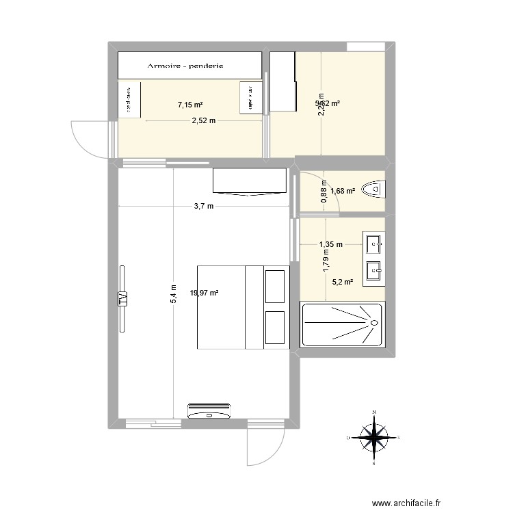 Chambre parentale  JGuy suite cotations pieces version avril 24. Plan de 5 pièces et 40 m2