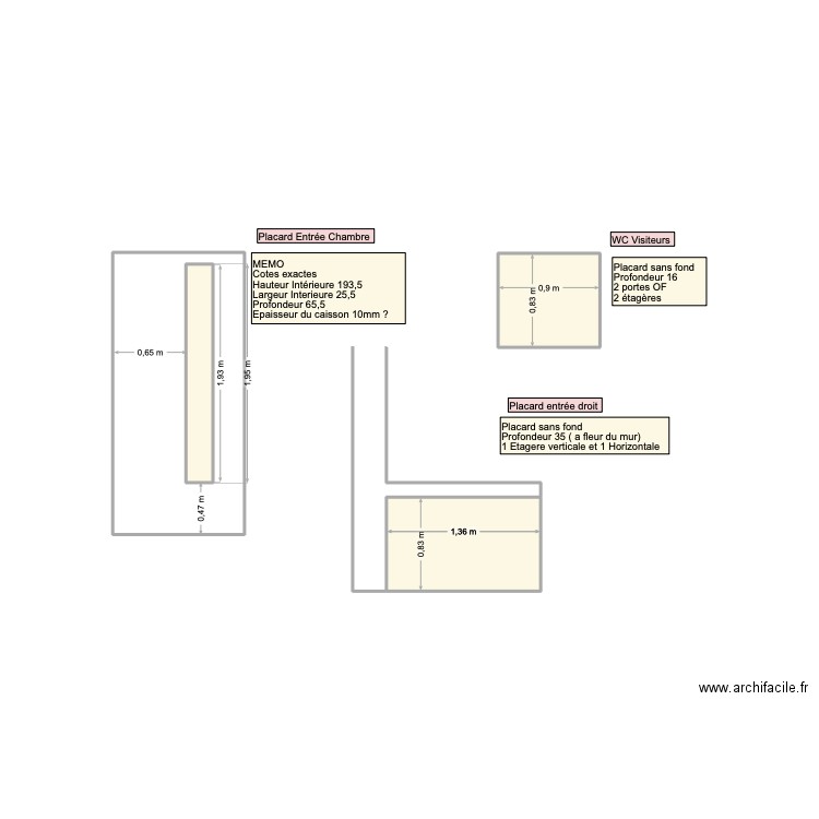 Placard entrée et entrée chambre. Plan de 4 pièces et 5 m2