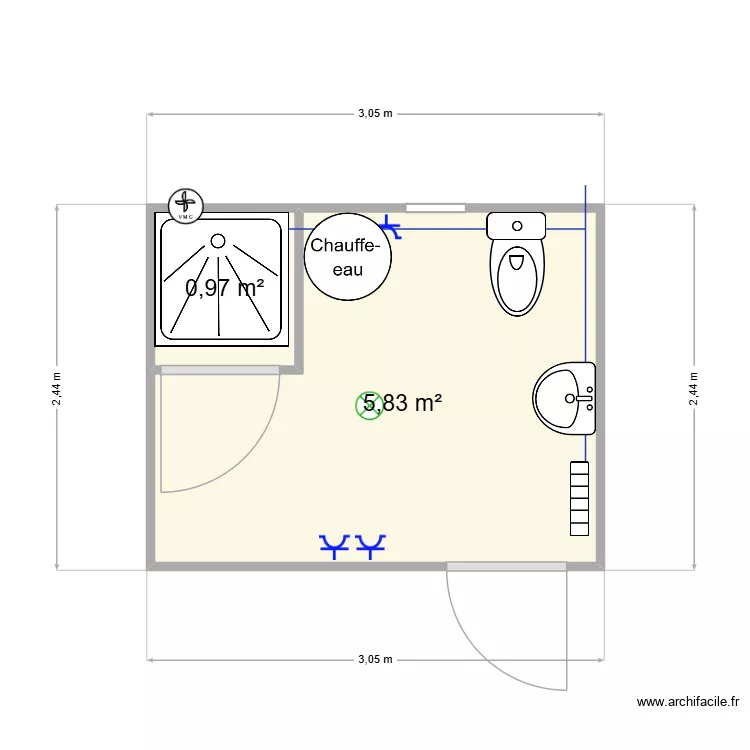 Wc douche 300x245. Plan de 2 et 7 m² Wc douche 300x245. Plan de 2 et 7 m²