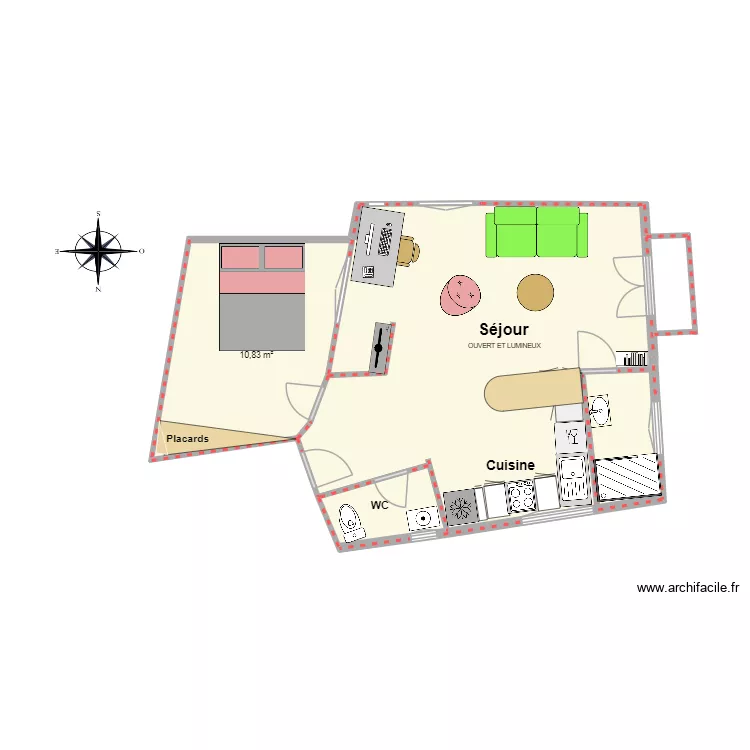 Amouyer apr&egrave;s travaux meubl&eacute;. Plan de 2  et 45 m²