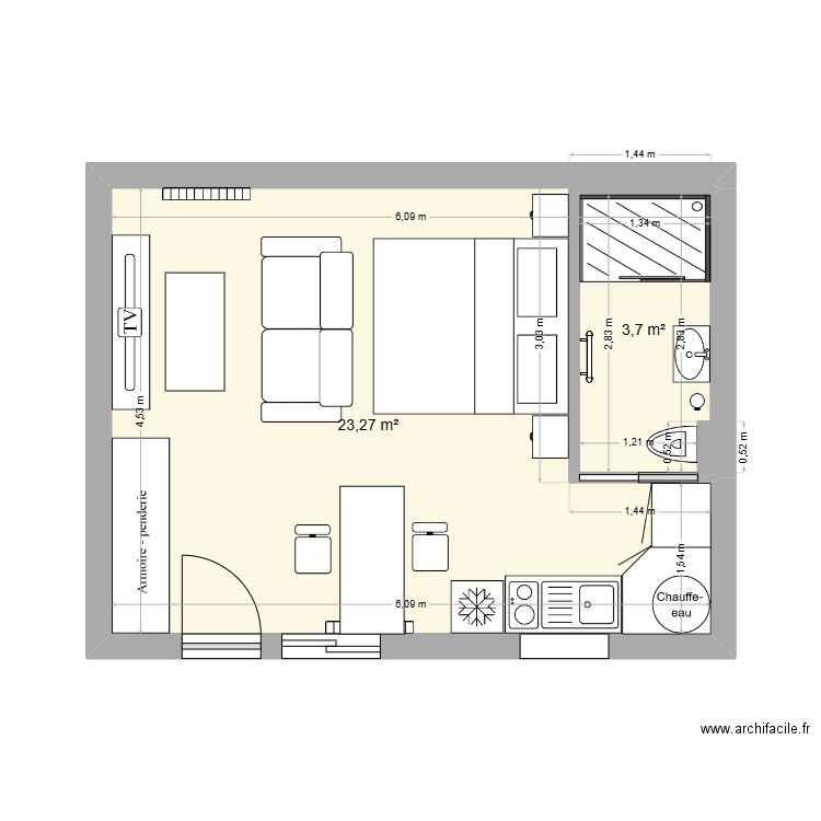 studio troyes. Plan de 2 pièces et 27 m2