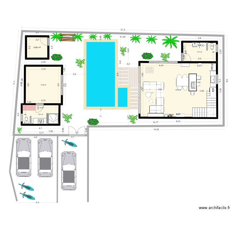 Villa 2 - Lantai 1 - POOLPantai 2x1.30 - 4.80down. Plan de 5 pièces et 80 m2