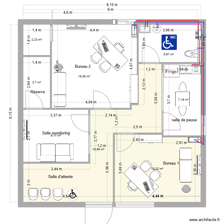 local 3 projet 2025. Plan de 9  et 81 m²