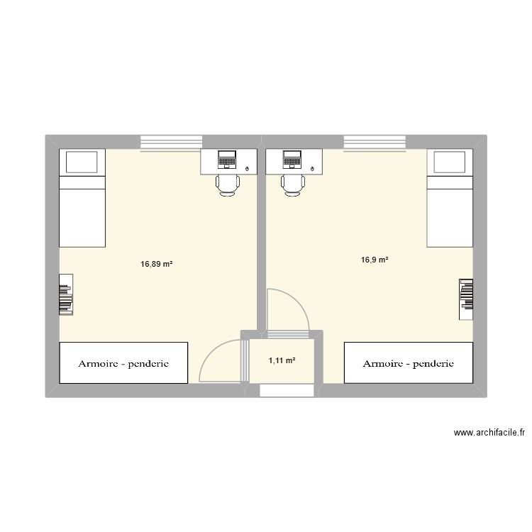 haut. Plan de 3 pièces et 35 m2