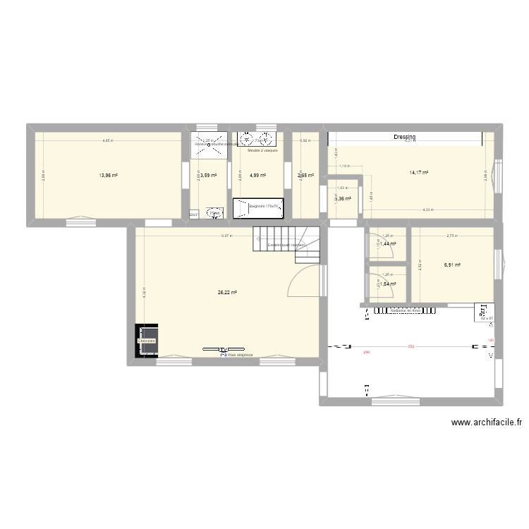 Maison RDC 2 SDB couloir. Plan de 10 pièces et 77 m2