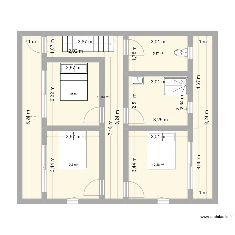 etage maison maman raissa. Plan de 7 pièces et 69 m2