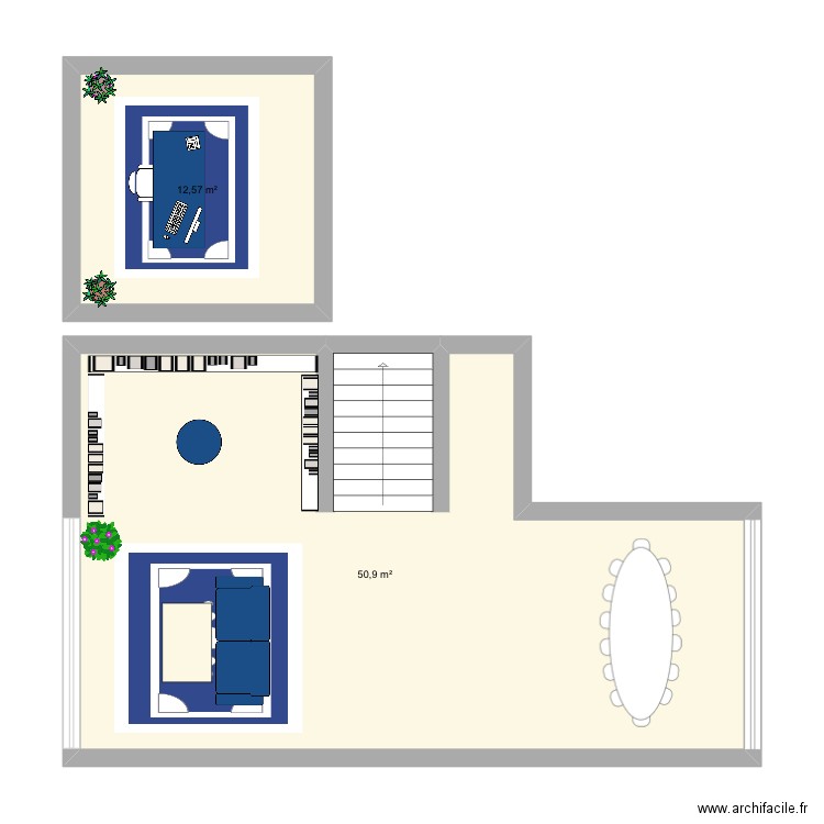 Couleur 1. Plan de 2 pièces et 63 m2