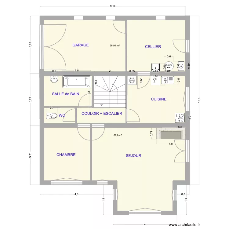 Rez de chauss&eacute;e Actuel. Plan de 2 pièces et 92 m²