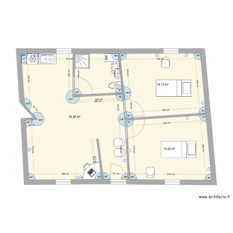 Cabinet kiné version 1. Plan de 3 pièces et 63 m2