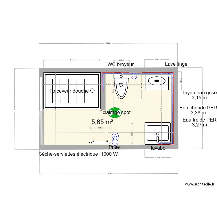 SDB Amrani. Plan de 1 pièce et 6 m2