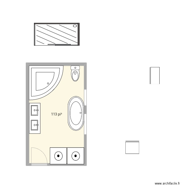 Salle de bain douche en coin. Plan de 1 pièce et 11 m2