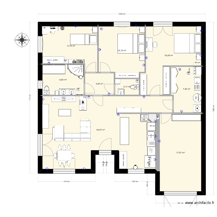 maison 143.25 m2 avec sas entrée. Plan de 9 pièces et 121 m2