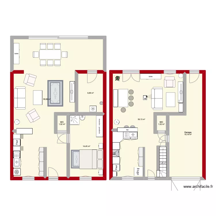 Rez de chaussé - Extension. Plan de 8 et 142 m² Rez de chaussé - Extension. Plan de 8 et 142 m²