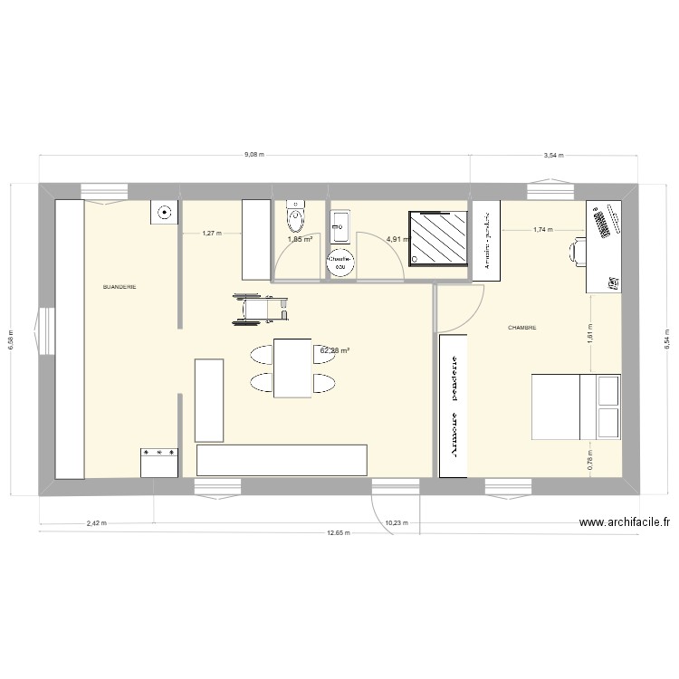mono chambre 80m2. Plan de 3 pièces et 69 m2