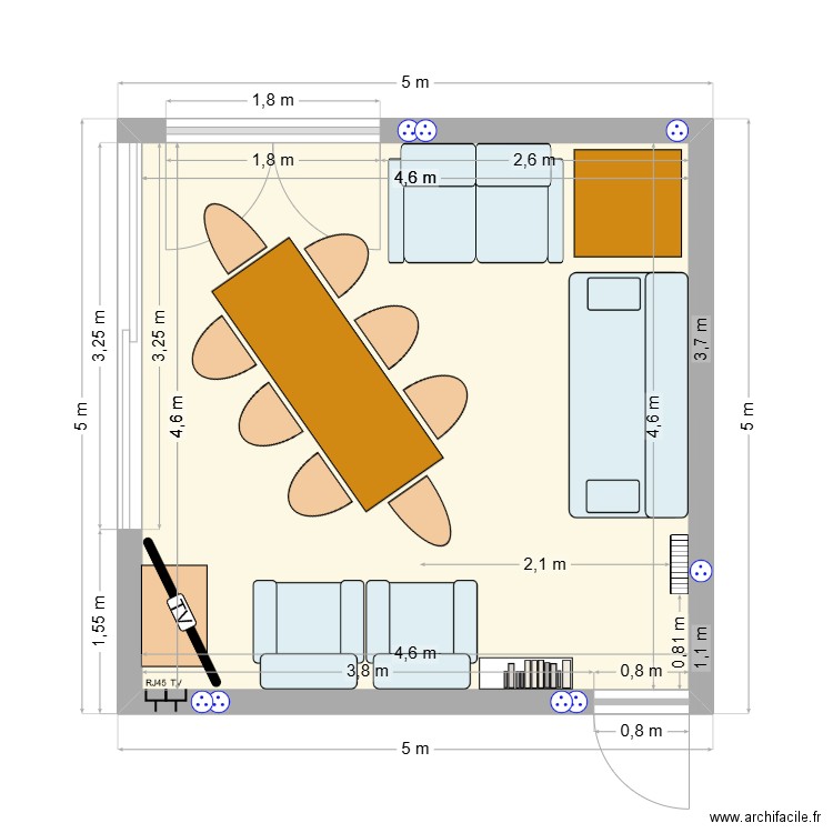 Salon. Plan de 1 pièce et 21 m2