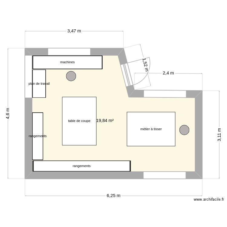 atelier couture. Plan de 1 pièce et 20 m2