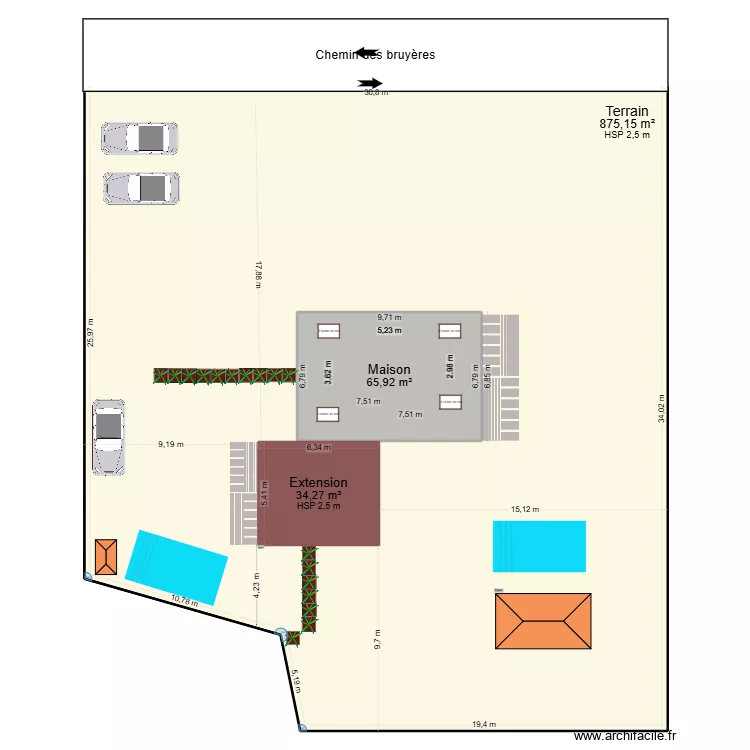 Vue globale. Plan de 3  et 1077 m²