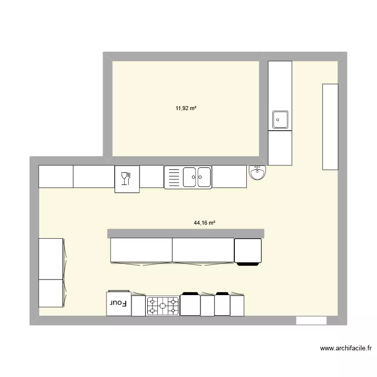 cuisine. Plan de 2  et 56 m²