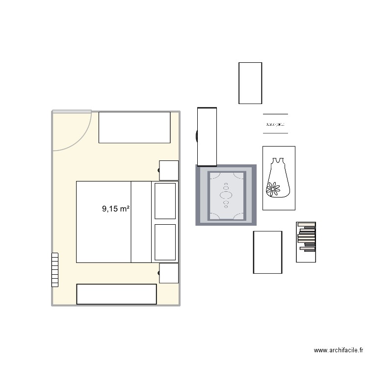 Chambre parent. Plan de 1 pièce et 9 m2