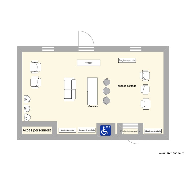salon coiffure. Plan de 4 pièces et 29 m2