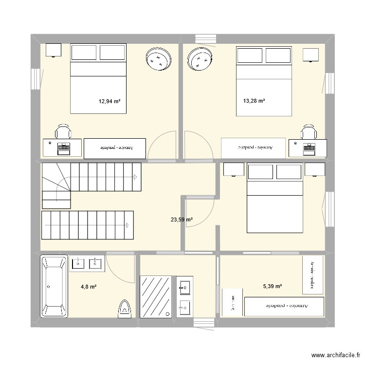 Langers R+1. Plan de 5 pièces et 60 m2