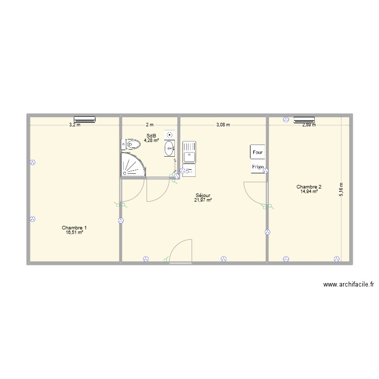 GITE. Plan de 4 pièces et 58 m2