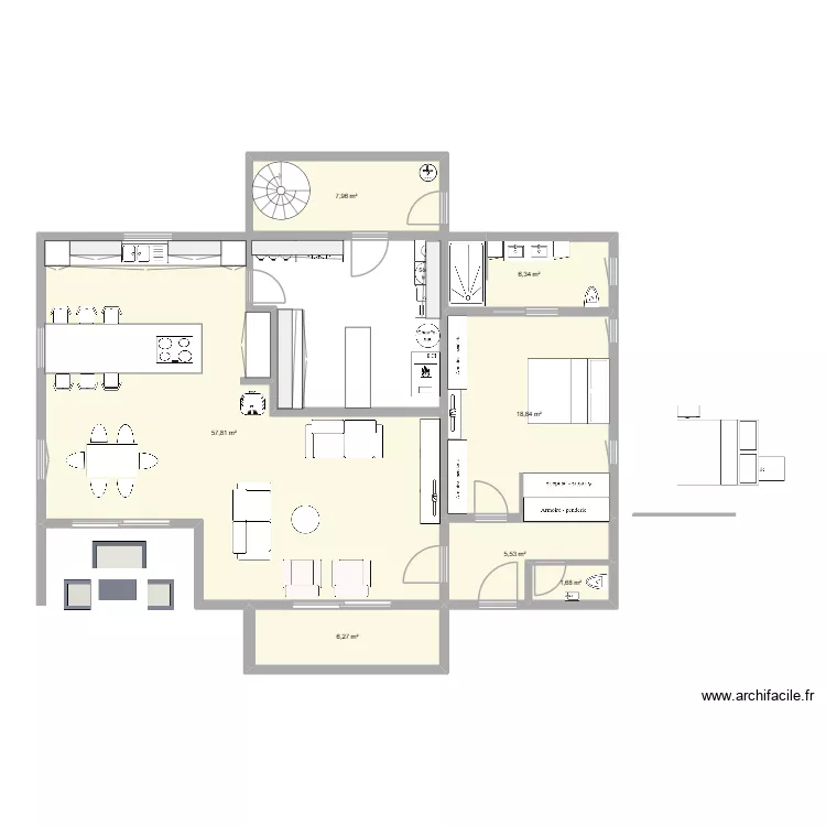 escalier circulaire ext. Plan de 7  et 104 m²