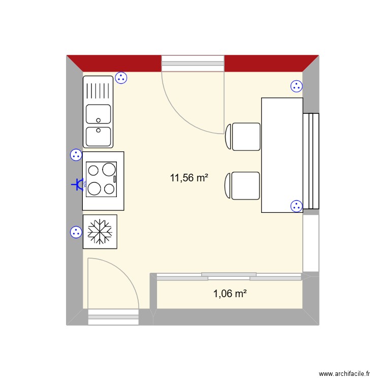 cuisine. Plan de 2 pièces et 13 m2