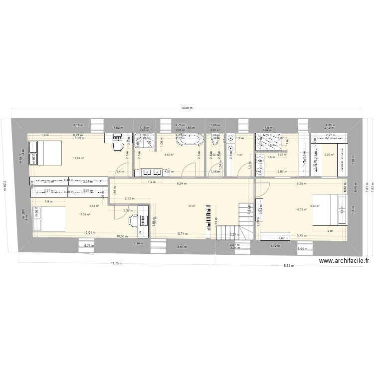 1er jet. Plan de 15 pièces et 107 m2