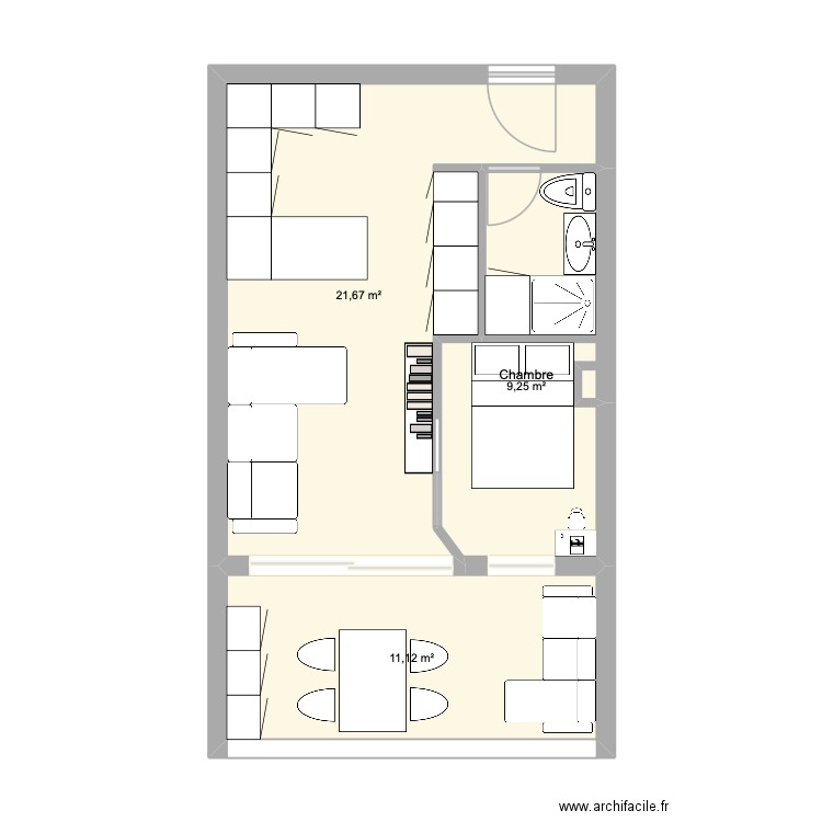Cannes_plan3. Plan de 3 pièces et 42 m2