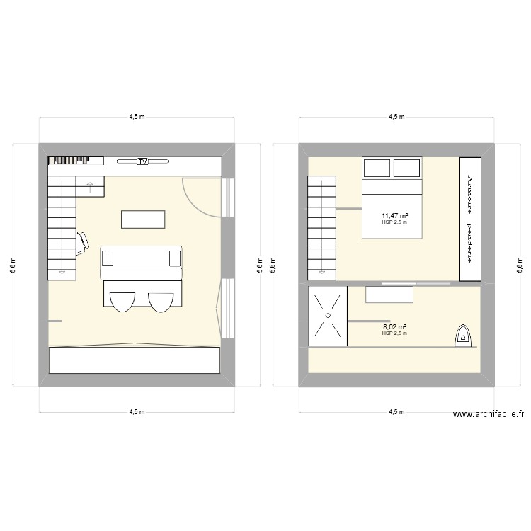 phase 3 studio etudiant propo 2. Plan de 3 pièces et 40 m2
