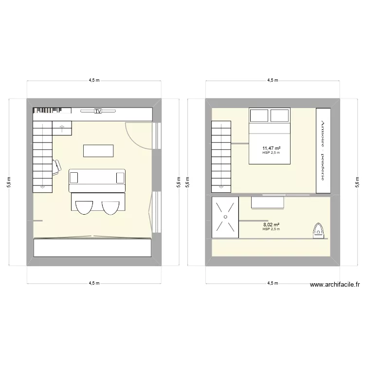 phase 3 studio etudiant propo 2. Plan de 3 pièces et 40 m²