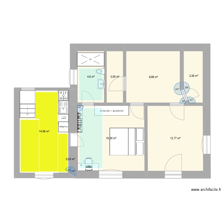 Sous-sol chauffage. Plan de 8 pièces et 64 m2