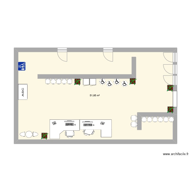 hopital. Plan de 1 pièce et 52 m2