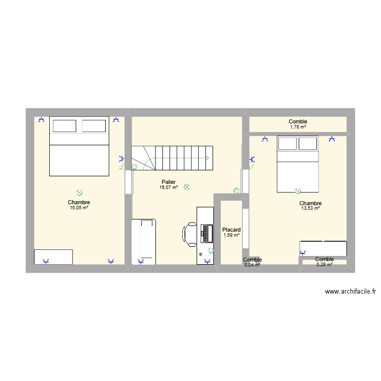 Etage. Plan de 7 pièces et 48 m2