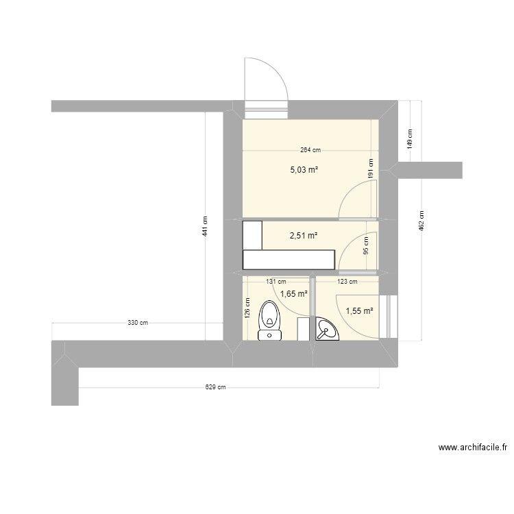 nurserie/WC. Plan de 4 pièces et 11 m2