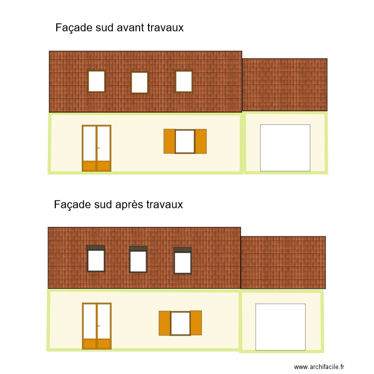 Plan de facade et toiture démo sud. Plan de 4 pièces et 62 m2